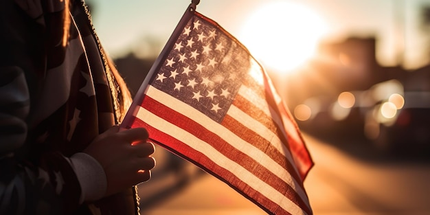 America celebrate 4th of July Patriotic Silhouettes of people holding the Flag of USA