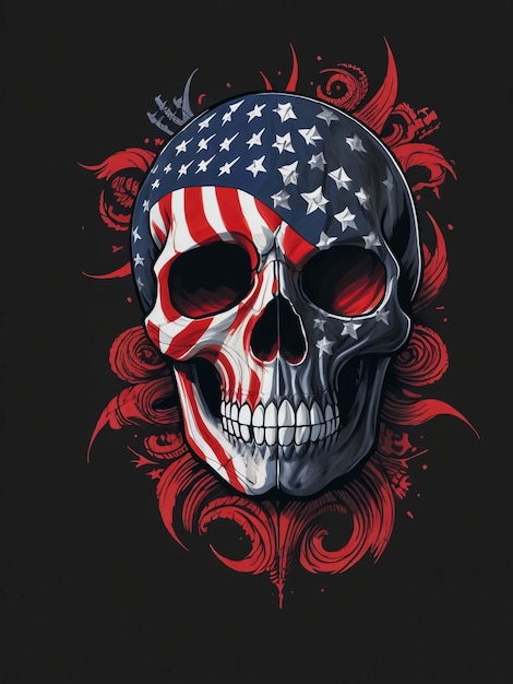 America Flag painted on a skull head watercolor Vector Illustration Made in the USA stamp TShirt