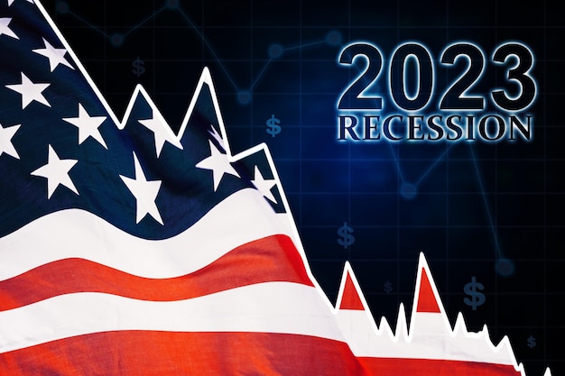 America flag with 2023 recession text