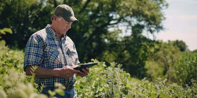 Photo american agronomist standing in the field looking at his ipad