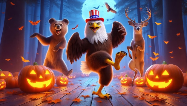 Photo american animals celebrate halloween with pumpkins an american bald eagle a bear and a deer