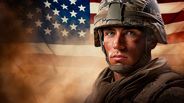 american army soldier in uniform in front of the flag generative AI