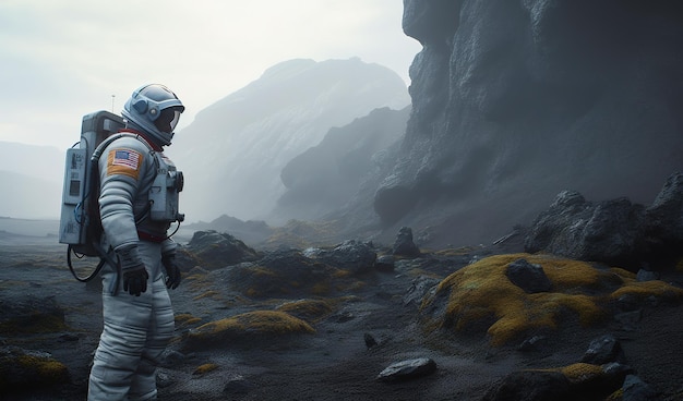 American astronaut stands on the bare rocky land Landing on the other planet Generative AI