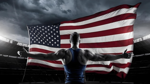 Photo american athlete with flag in stadium