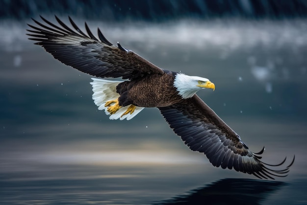 American Bald Eagle in Flight Over Alaskan Waters Close Up