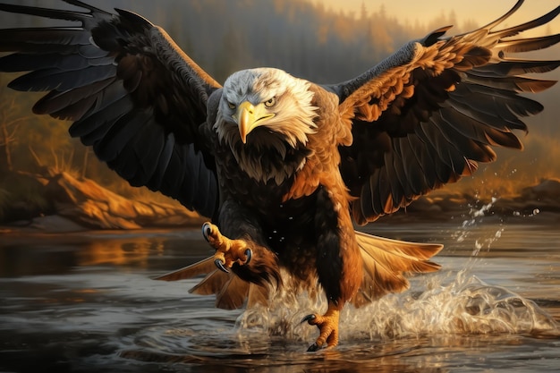 american bald eagle in flight over alaskan waters