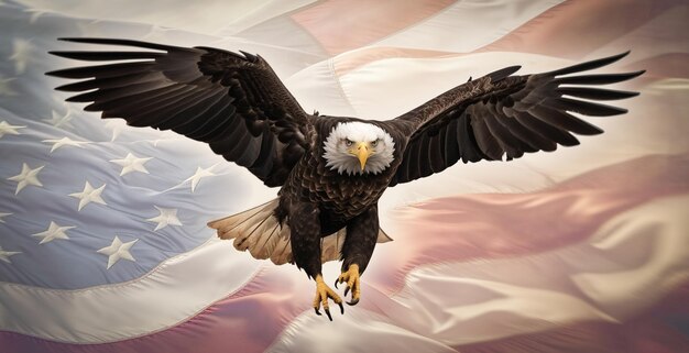 American Bald Eagle In Flight With An American Flag Abstract Background Generative AI