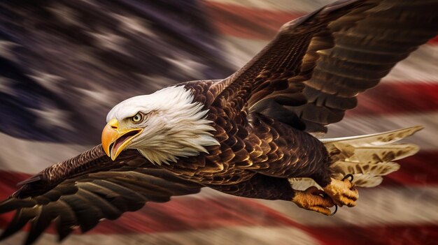 American Bald Eagle In Flight With An American Flag Abstract Background Generative AI