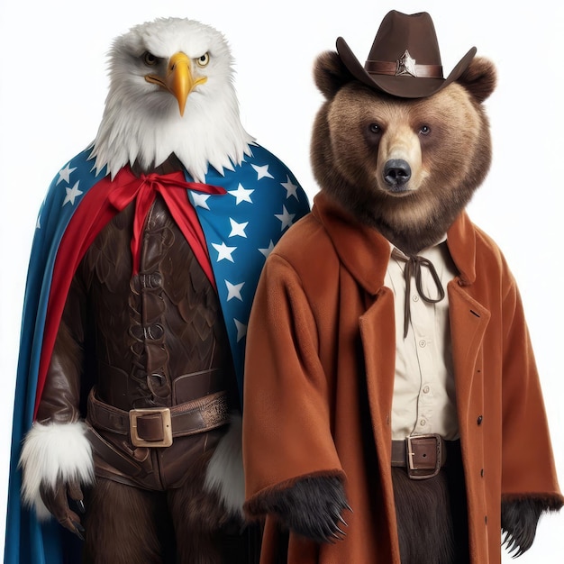 Photo an american bald eagle in a red cape and blue stars and stripes stands next to a brown bear we