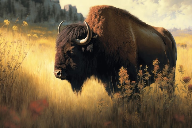 American bison in the prairie Created with generative AI technology