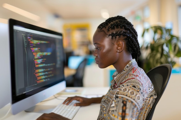 American black woman programmer writing code on a computer in ofice