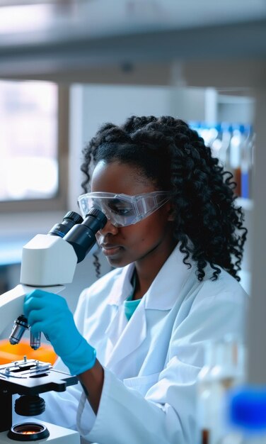 American black woman scientist looking through microscope in lab