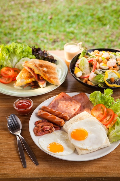 American Breakfast on Wooden Table