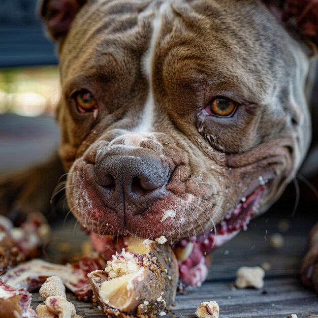 American Bully enjoying a meal in playful delight under natural outdoor lighting