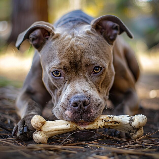 American Bully enjoying a meal in playful delight under natural outdoor lighting