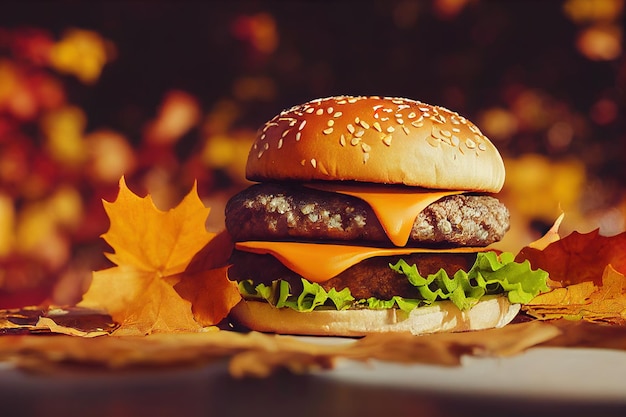 American burger over autumn leaves background