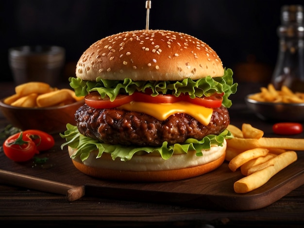 American burgers served with french fries on a wooden table black background