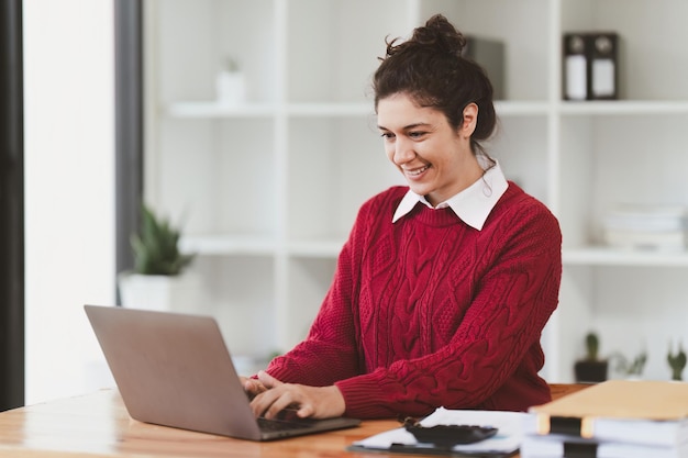 American business woman making prepare presentation or important email of financial Business Accountant working in home office