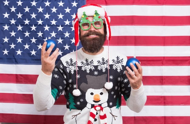 American celebration Bearded man celebrate Christmas and new year Santa Claus in patriotic mood Holiday celebration 4th of July Independence day celebration July 4 Let celebration continues