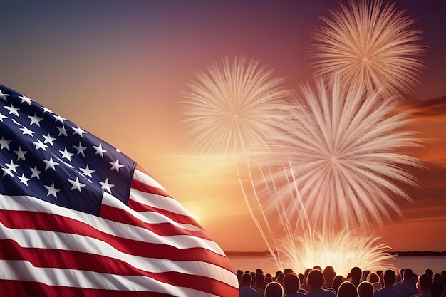 American Celebration Usa Flag And Fireworks At Sunset