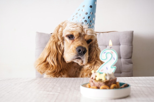 American Cocker Spaniel at a table with holiday treat dog birthday