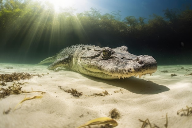 American crocodile in sandy marine environment underwater view generative IA