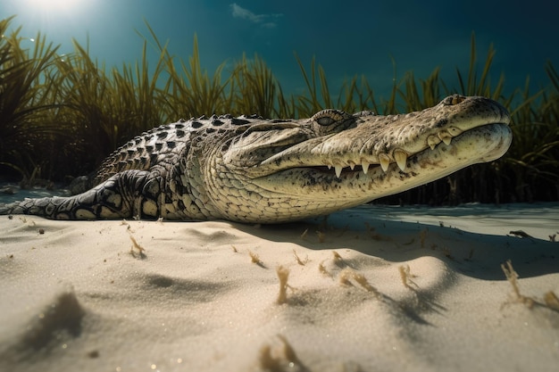 American crocodile in sandy marine environment underwater view generative IA