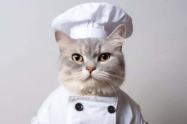 American Curl Cat Dressed As A Chef On White Background