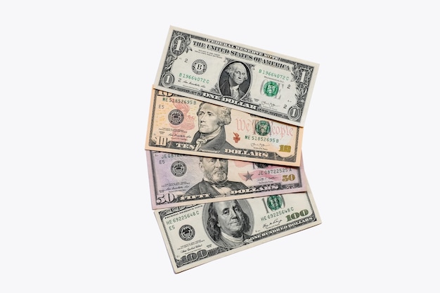 American dollars banknotes background on white background.