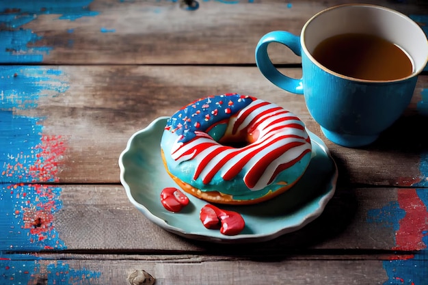 American donuts with glaze in colors of USA flag blue red white Cup of coffee On light blue