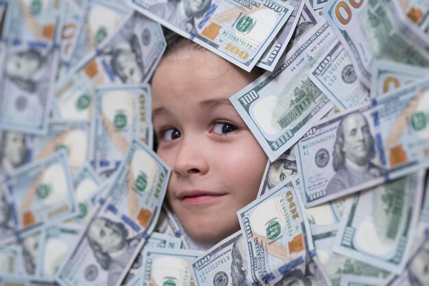 American dreams head in money fun kid face on dollars money