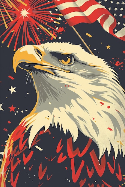 American Eagle with USA flags and fireworks Bald eagle artwork for Fourth of July celebration