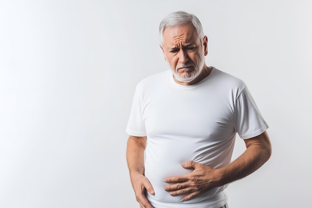 Photo american elder man suffering from abdominal discomfort