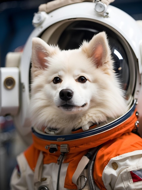 An American Eskimo dog that has triangular ears as an astronaut