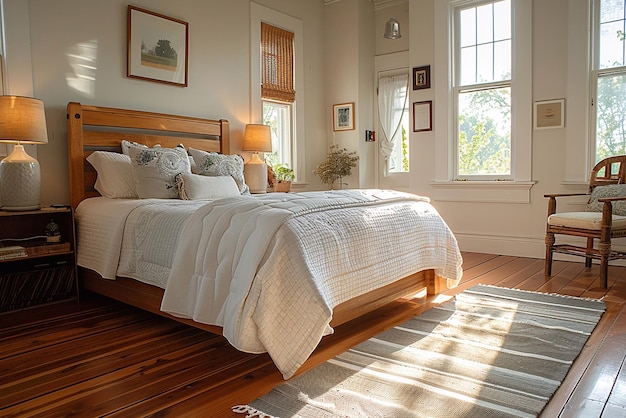 American farmhouse bedroom bathed in the soft glow of morning sunlight