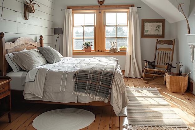 American farmhouse bedroom bathed in the soft glow of morning sunlight