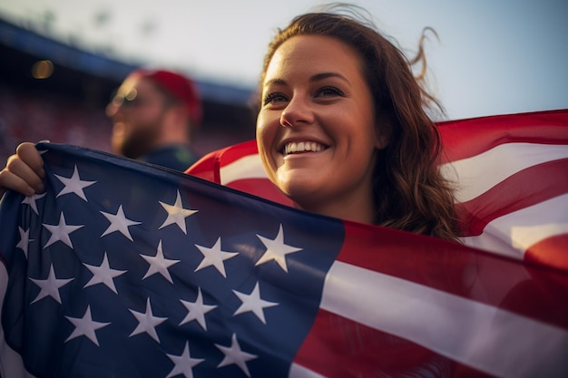 American female football soccer fans in a World Cup stadium supporting the national team