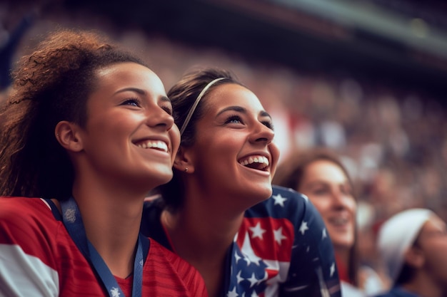 American female football soccer fans in a World Cup stadium supporting the national team