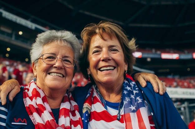 American female football soccer fans in a World Cup stadium supporting the national team