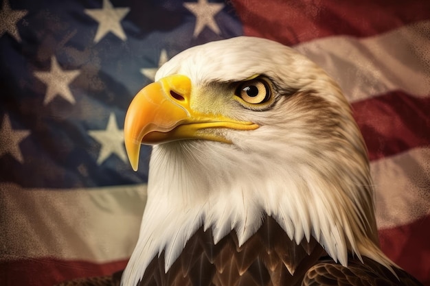 An american flag background featuring an bald eagle in the style of hyperrealistic wildlife portrai