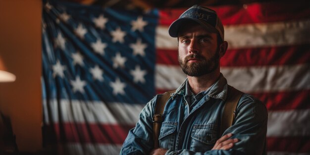 Photo american flag background portrait of a serious working man