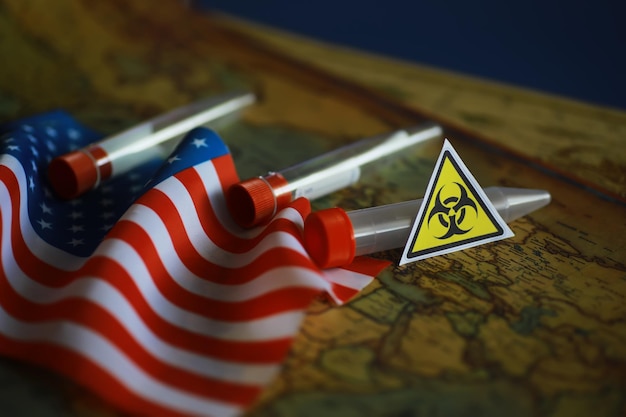 American flag and biohazard sign The concept of American biolabs and research centers