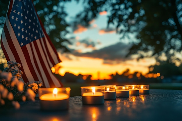 American flag candles dark background reflection