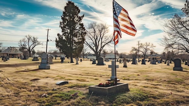 Photo an american flag at cemetery on holiday generative ai