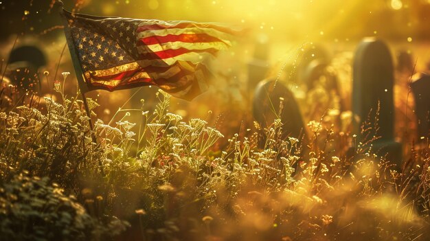 An American flag in a cemetery with a blurred background Happy Memorial Day