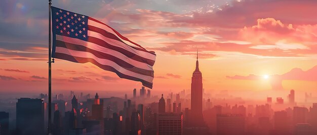 American Flag Over City Skyline at Sunrise