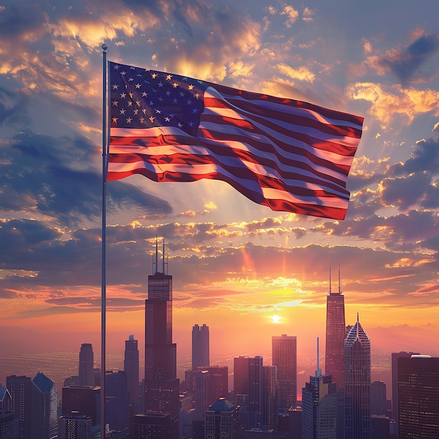 American Flag Over City Skyline at Sunrise