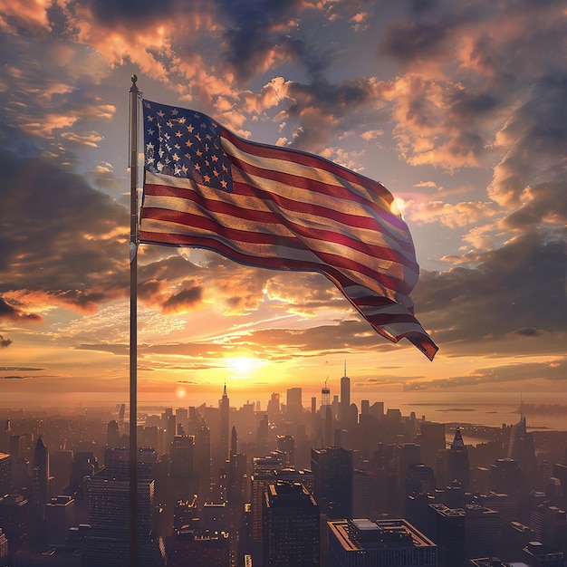 American Flag Over City Skyline at Sunrise