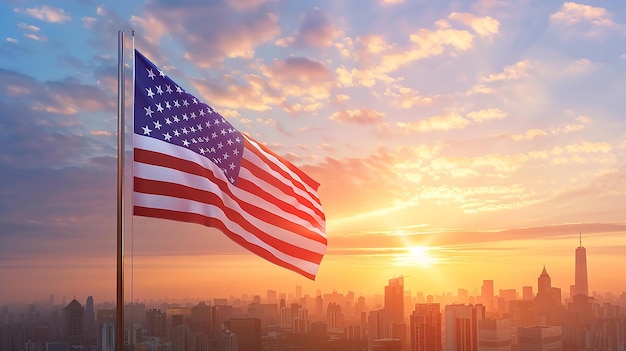 American Flag Over City Skyline at Sunrise