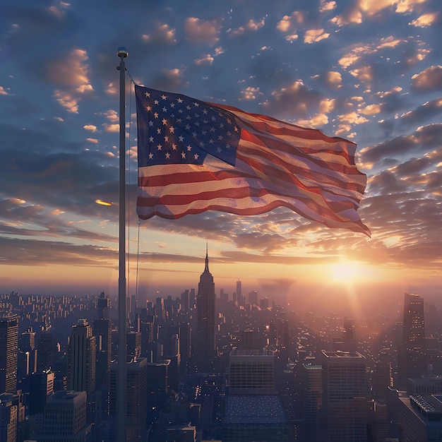 American Flag Over City Skyline at Sunrise